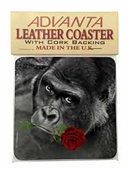 Gorilla with Red Rose in Mouth Single Leather Photo Coaster