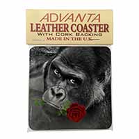 Gorilla with Red Rose in Mouth Single Leather Photo Coaster