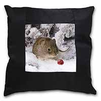 Cute Field Mouse in Snow Black Satin Feel Scatter Cushion