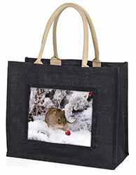Cute Field Mouse in Snow Large Black Jute Shopping Bag