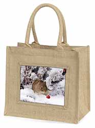 Cute Field Mouse in Snow Natural/Beige Jute Large Shopping Bag