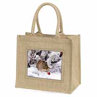 Cute Field Mouse in Snow Natural/Beige Jute Large Shopping Bag