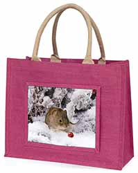 Cute Field Mouse in Snow Large Pink Jute Shopping Bag