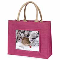 Cute Field Mouse in Snow Large Pink Jute Shopping Bag