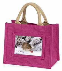 Cute Field Mouse in Snow Little Girls Small Pink Jute Shopping Bag
