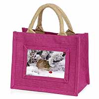 Cute Field Mouse in Snow Little Girls Small Pink Jute Shopping Bag