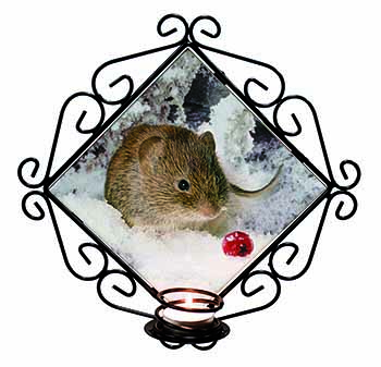 Cute Field Mouse in Snow Wrought Iron Wall Art Candle Holder