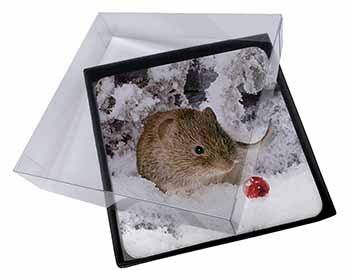4x Cute Field Mouse in Snow Picture Table Coasters Set in Gift Box
