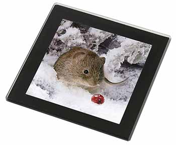 Cute Field Mouse in Snow Black Rim High Quality Glass Coaster
