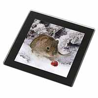 Cute Field Mouse in Snow Black Rim High Quality Glass Coaster