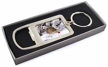 Cute Field Mouse in Snow Chrome Metal Bottle Opener Keyring in Box