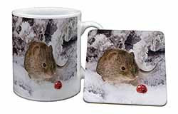 Cute Field Mouse in Snow Mug and Coaster Set