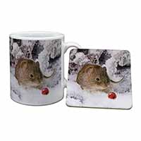 Cute Field Mouse in Snow Mug and Coaster Set
