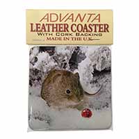 Cute Field Mouse in Snow Single Leather Photo Coaster