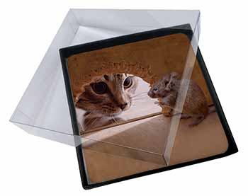 4x Cat and Mouse Picture Table Coasters Set in Gift Box