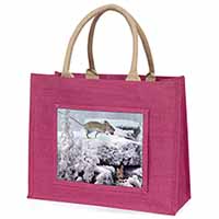 Field Mice, Snow Mouse Large Pink Jute Shopping Bag