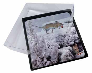 4x Field Mice, Snow Mouse Picture Table Coasters Set in Gift Box