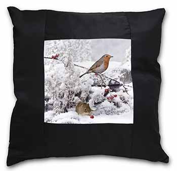 Snow Mouse and Robin Print Black Satin Feel Scatter Cushion