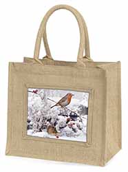 Snow Mouse and Robin Print Natural/Beige Jute Large Shopping Bag