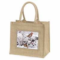 Snow Mouse and Robin Print Natural/Beige Jute Large Shopping Bag