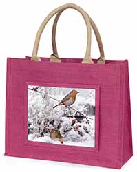 Snow Mouse and Robin Print Large Pink Jute Shopping Bag