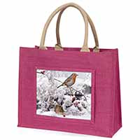 Snow Mouse and Robin Print Large Pink Jute Shopping Bag