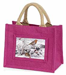 Snow Mouse and Robin Print Little Girls Small Pink Jute Shopping Bag