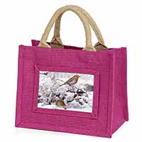 Snow Mouse and Robin Print Little Girls Small Pink Jute Shopping Bag