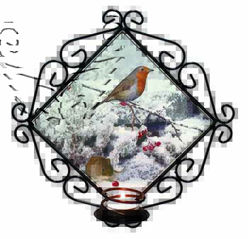 Snow Mouse and Robin Print Wrought Iron Wall Art Candle Holder