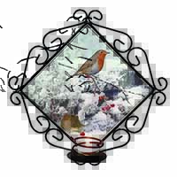 Snow Mouse and Robin Print Wrought Iron Wall Art Candle Holder