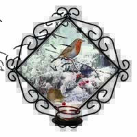 Snow Mouse and Robin Print Wrought Iron Wall Art Candle Holder