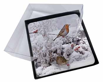 4x Snow Mouse and Robin Print Picture Table Coasters Set in Gift Box