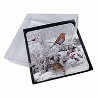 4x Snow Mouse and Robin Print Picture Table Coasters Set in Gift Box