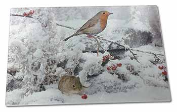 Large Glass Cutting Chopping Board Snow Mouse and Robin Print