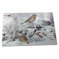 Large Glass Cutting Chopping Board Snow Mouse and Robin Print