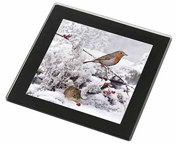 Snow Mouse and Robin Print Black Rim High Quality Glass Coaster