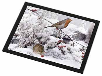 Snow Mouse and Robin Print Black Rim High Quality Glass Placemat