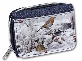 Snow Mouse and Robin Print Unisex Denim Purse Wallet