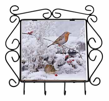 Snow Mouse and Robin Print Wrought Iron Key Holder Hooks