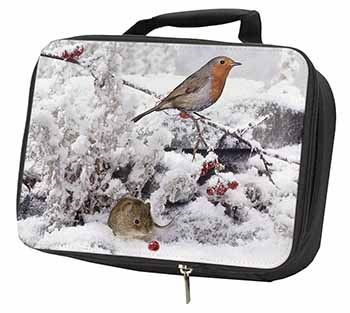 Snow Mouse and Robin Print Black Insulated School Lunch Box/Picnic Bag