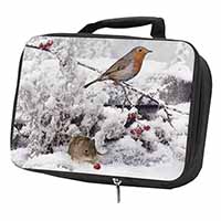 Snow Mouse and Robin Print Black Insulated School Lunch Box/Picnic Bag