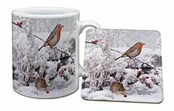 Snow Mouse and Robin Print Mug and Coaster Set