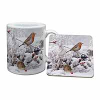 Snow Mouse and Robin Print Mug and Coaster Set