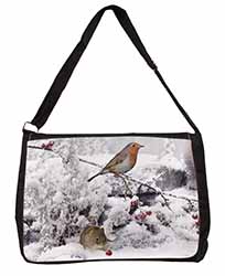 Snow Mouse and Robin Print Large Black Laptop Shoulder Bag School/College