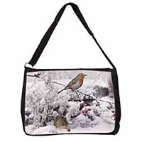 Snow Mouse and Robin Print Large Black Laptop Shoulder Bag School/College