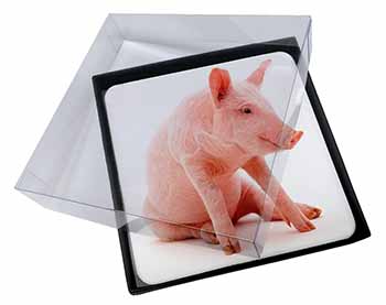 4x Cute Pink Pig Picture Table Coasters Set in Gift Box