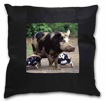 Mother and Piglets Black Satin Feel Scatter Cushion