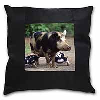 Mother and Piglets Black Satin Feel Scatter Cushion