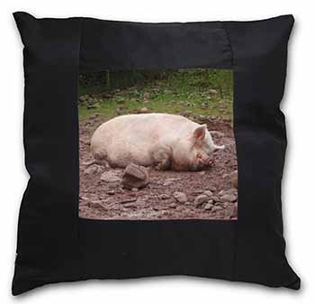 Sleeping Pig Print Black Satin Feel Scatter Cushion