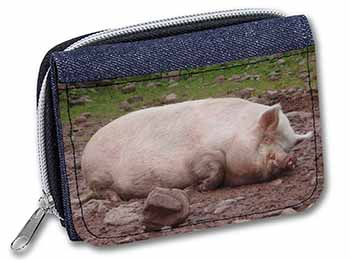 Sleeping Pig Print Unisex Denim Purse Wallet